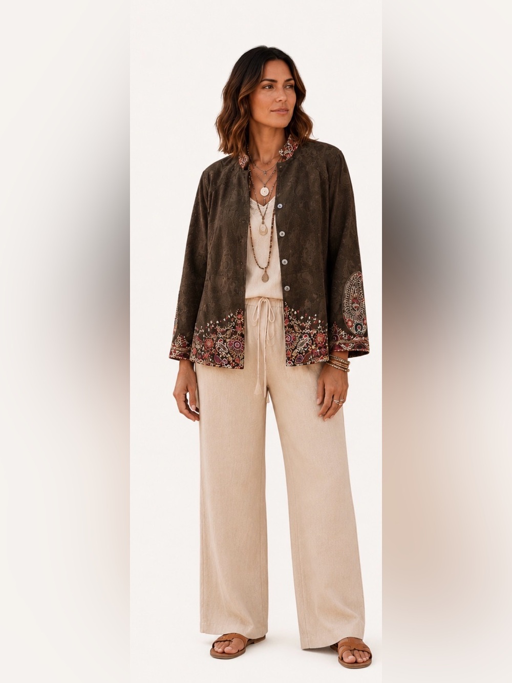 Coldwater Creek Olive Green Floral-Trim Jacket size 20